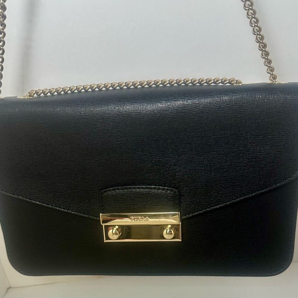 Furla Black and Gold Crossbody Bag with Flap Closure gold chain